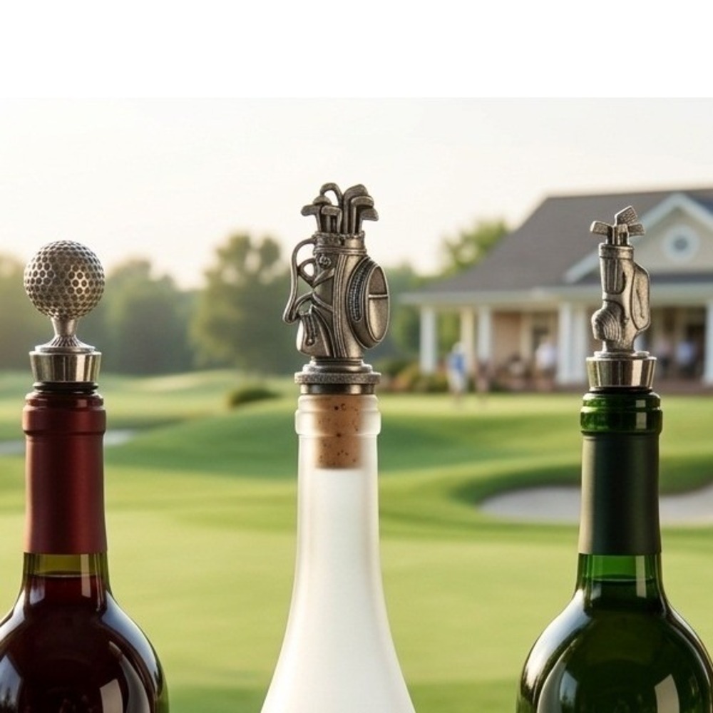 Vintage Golf Wine Bottle‎ Stoppers Set 3 Pewter Tone Golf Ball Bag Sports Decor